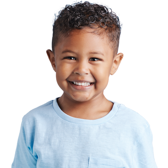 Little boy in blue shirt.
